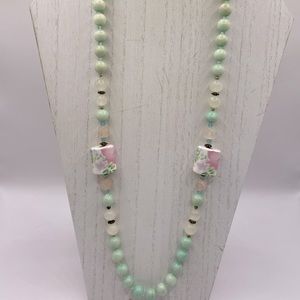 Vintage Amazonite, Rose Quartz,Crystal Quartz, Porcelain Floral Beads Necklace